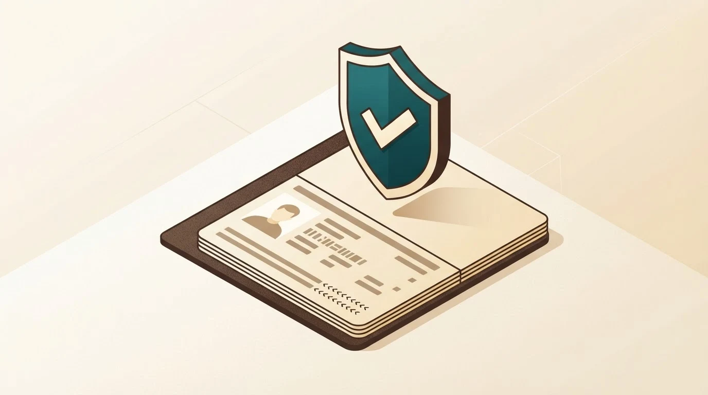 Isometric illustration of an identity document being cross-checked against a shield and verification seal