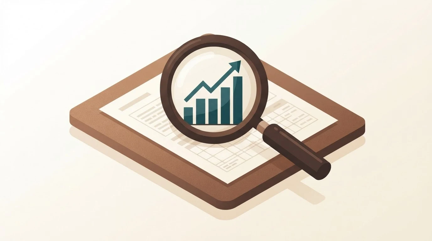 Isometric illustration of a magnifying glass examining a financial document with a transaction chart