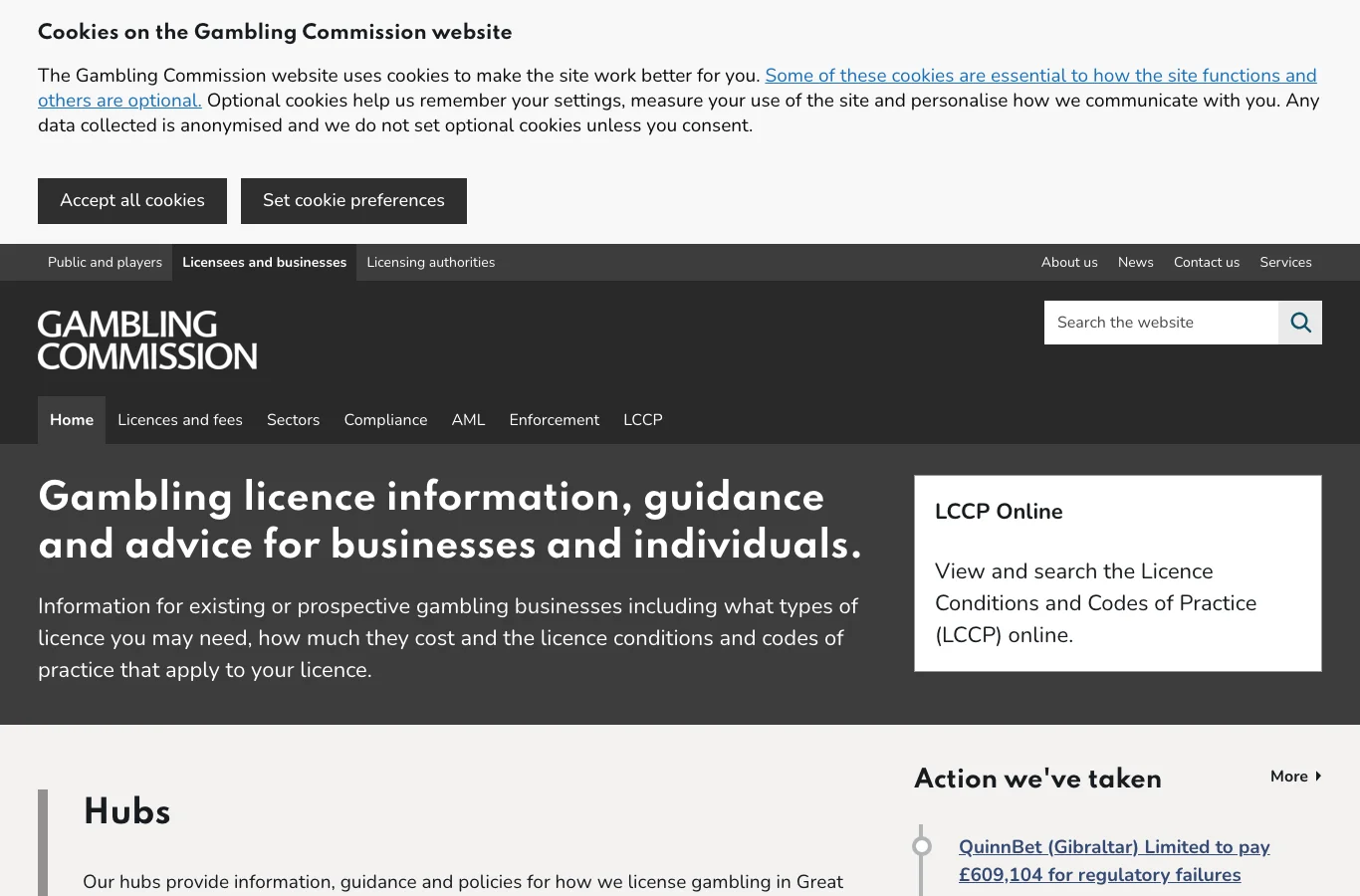 Screenshot of the UK Gambling Commission licensees and businesses hub page